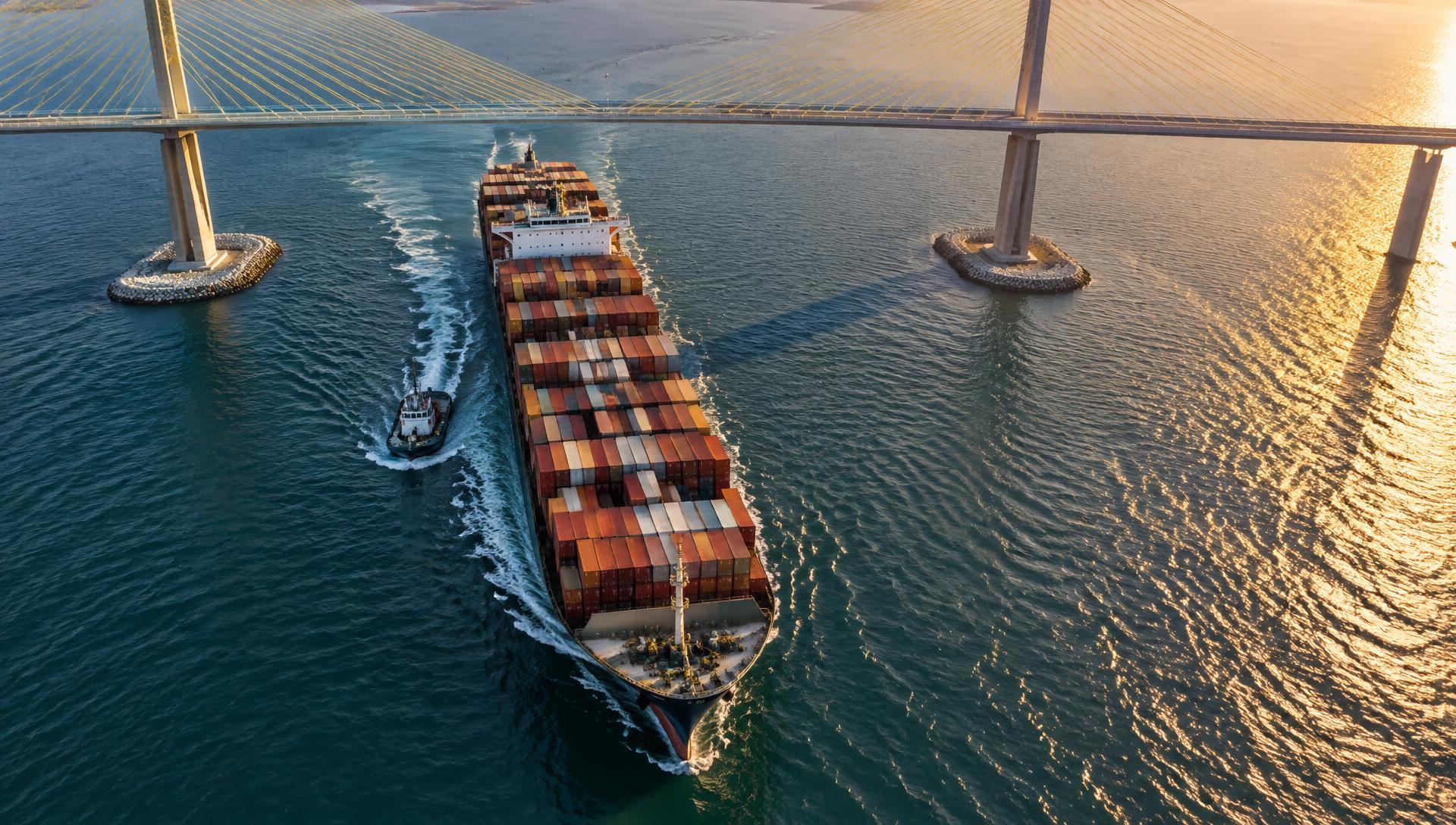 Aerial drone view of a container ship with a tugboat escort sailing across Tampa Bay toward the Sunshine Skyway Bridge